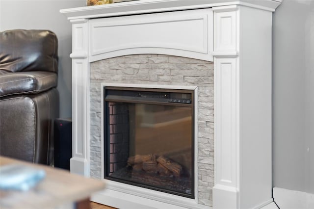 room details with wood-type flooring and a fireplace