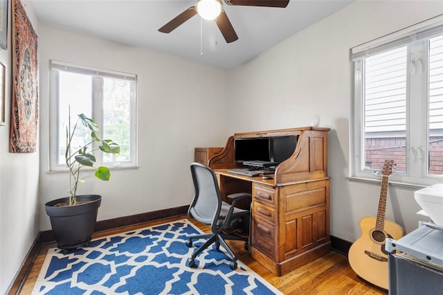 home office with hardwood / wood-style floors, ceiling fan, and plenty of natural light