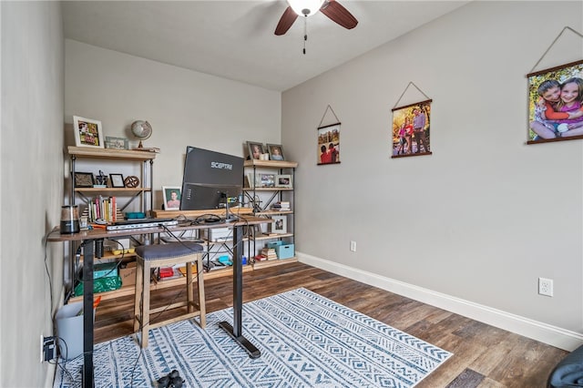 office area featuring wood-type flooring and ceiling fan