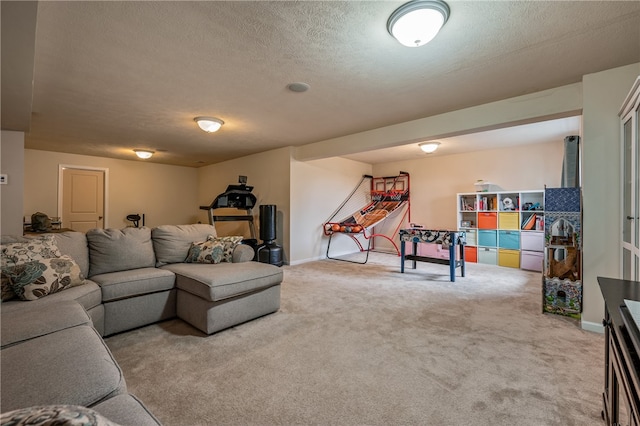 living room featuring a textured ceiling and carpet