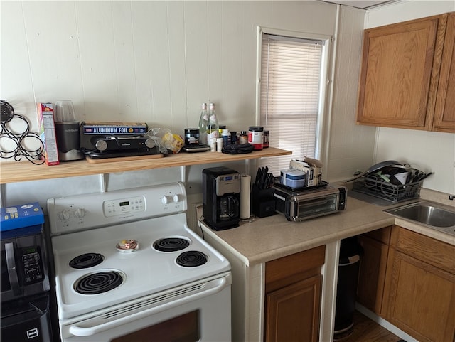 kitchen featuring white electric range oven and sink