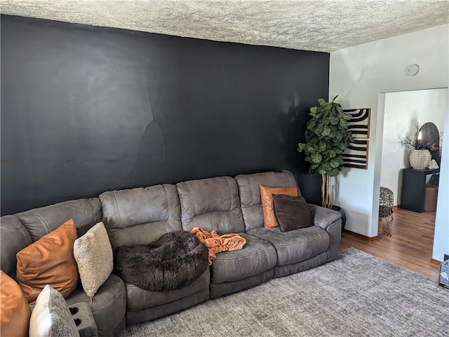 living room featuring a textured ceiling and hardwood / wood-style floors