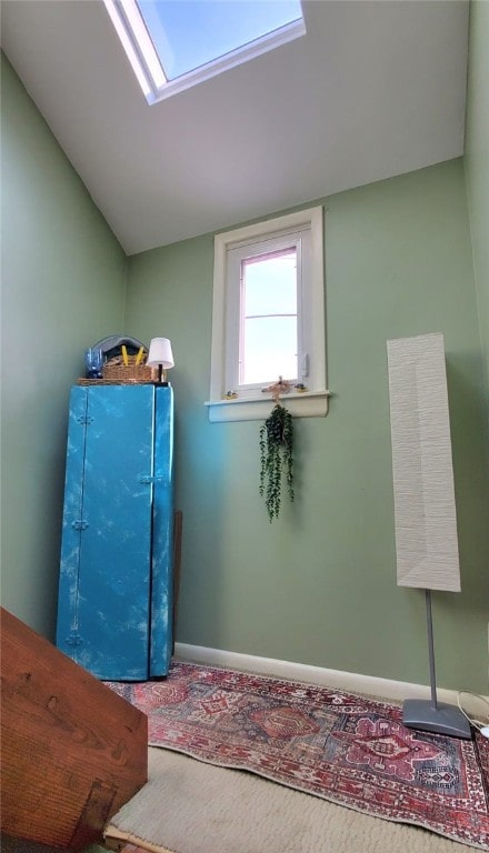 washroom with a skylight and carpet flooring