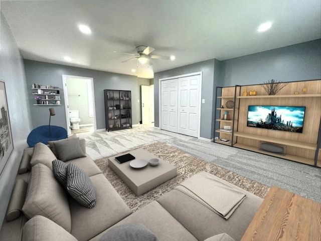 carpeted living room featuring ceiling fan