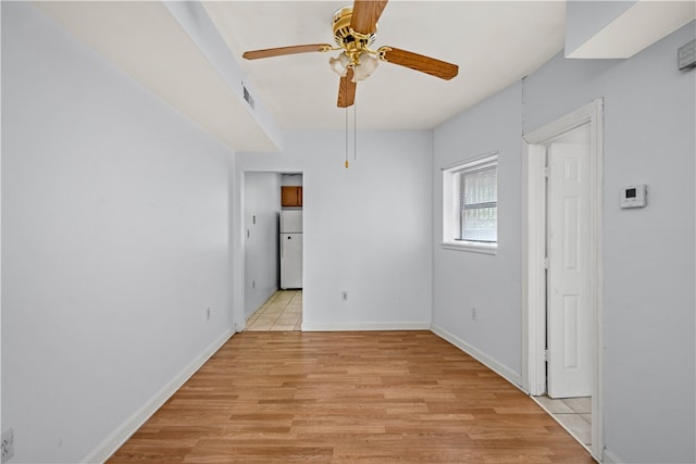 empty room featuring ceiling fan and light hardwood / wood-style flooring