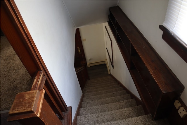 stairs with a baseboard radiator and carpet floors