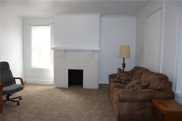 820-822 Grant St, Indiana Boro, PA 15701 - living room with carpet flooring, crown molding, and a brick fireplace