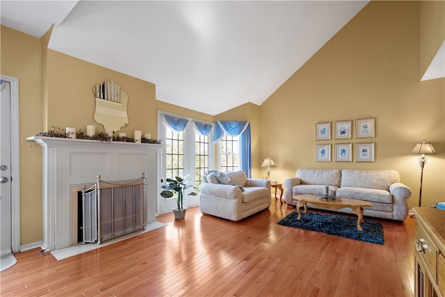 living room featuring high vaulted ceiling and wood-type flooring