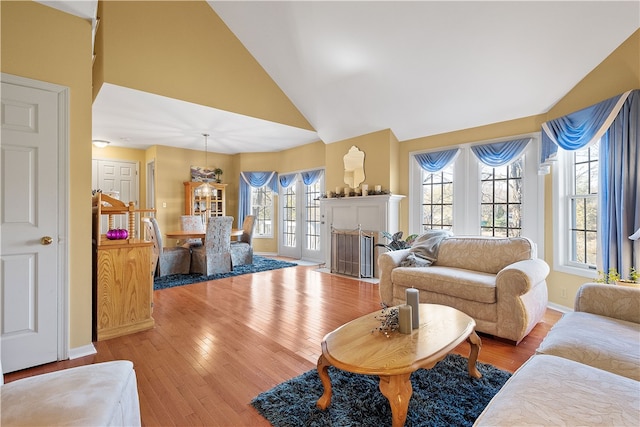 living room featuring high vaulted ceiling, a wealth of natural light, and light wood-type flooring