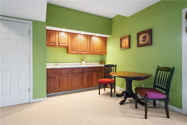 kitchen featuring light colored carpet and sink