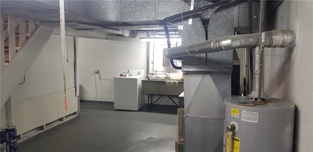 utility room featuring washer / dryer, water heater, and sink