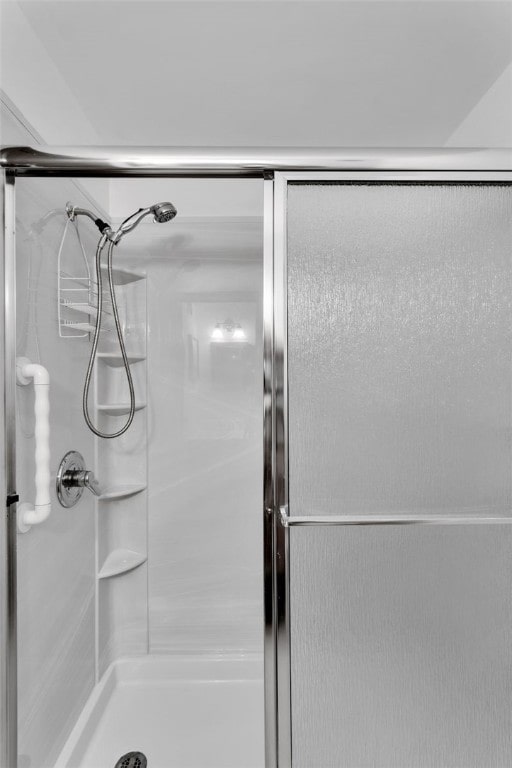 bathroom with a shower with shower door