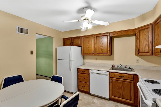 kitchen with ceiling fan, sink, and white appliances