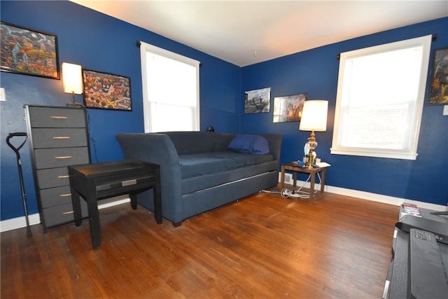 living room with a wealth of natural light and dark hardwood / wood-style floors