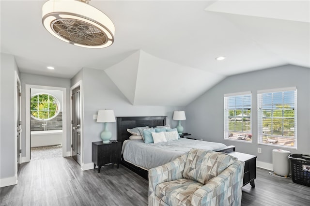 bedroom with lofted ceiling, dark hardwood / wood-style floors, and multiple windows