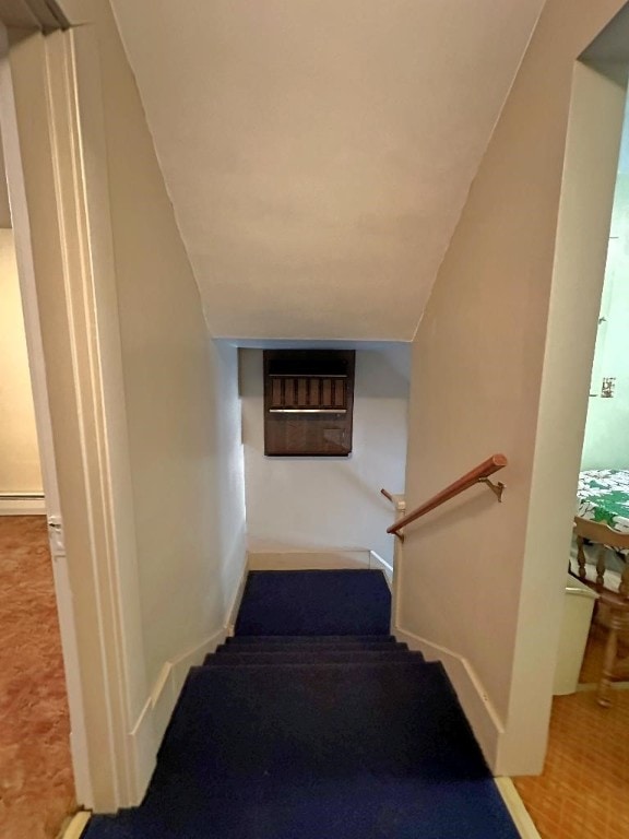 staircase featuring a baseboard heating unit