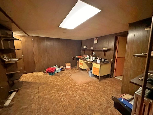 interior space with wooden walls and carpet