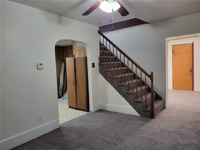 staircase featuring ceiling fan and carpet