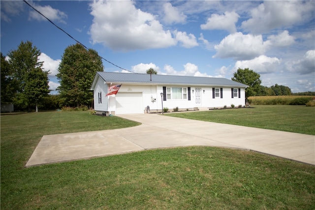 ranch-style house with a front yard and a garage