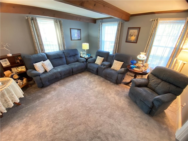 carpeted living room with beamed ceiling