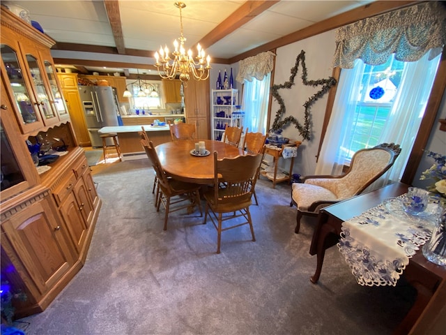 carpeted dining area featuring beam ceiling, a chandelier, and a baseboard radiator