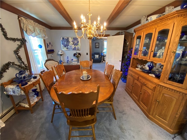 carpeted dining space featuring beamed ceiling and a chandelier