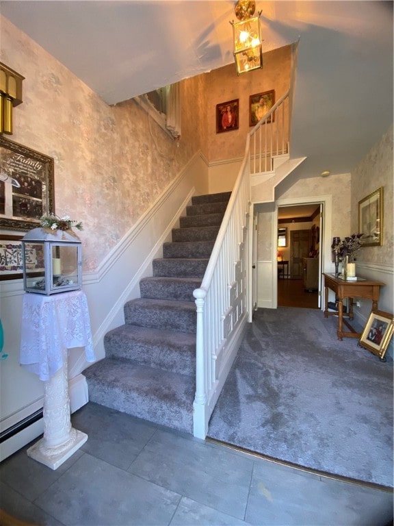 stairway featuring carpet floors