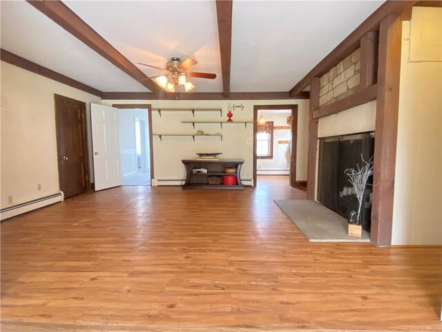 123 Leech Rd, Hempfield Twp Mer, PA 16125 - unfurnished living room featuring light wood-type flooring, ceiling fan, baseboard heating, beam ceiling, and a large fireplace