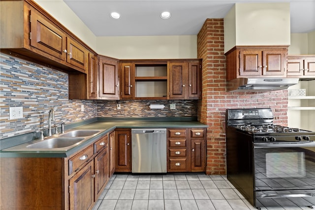 kitchen featuring backsplash, dishwasher, light tile patterned floors, black range with gas cooktop, and sink