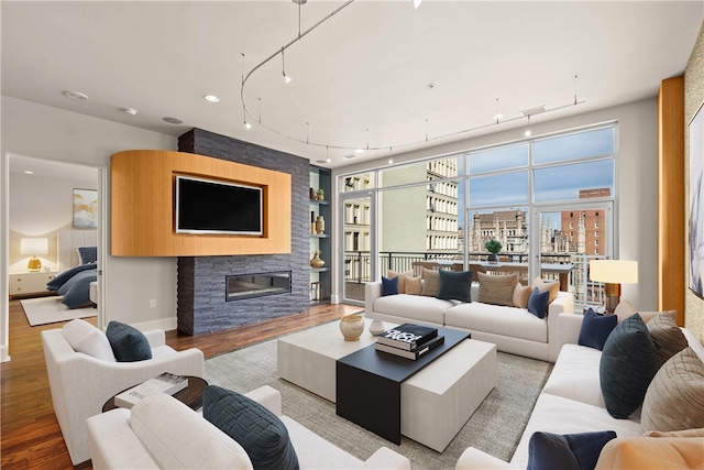 living room featuring a fireplace and light wood-type flooring