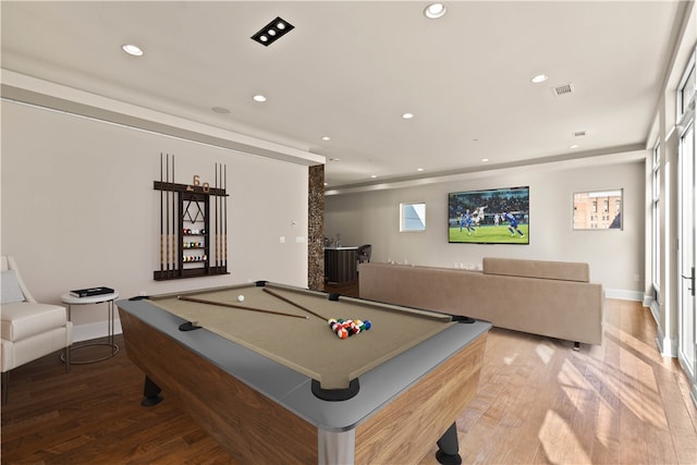 recreation room with wood-type flooring and pool table