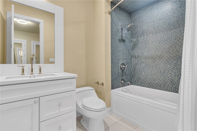 full bathroom with tile patterned flooring, shower / bathtub combination with curtain, toilet, and vanity