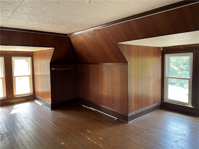 bonus room with lofted ceiling, wood walls, and dark hardwood / wood-style flooring