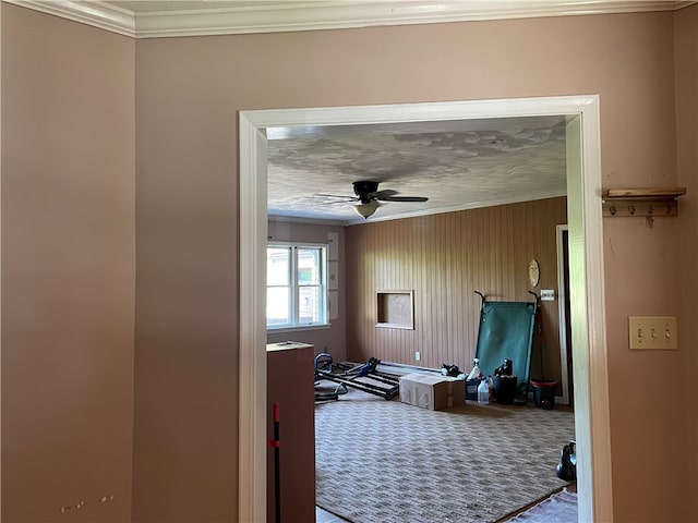 exercise room with ornamental molding, ceiling fan, and carpet flooring