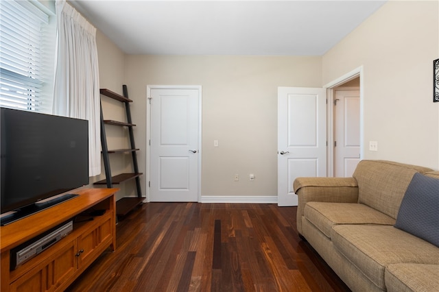 living room with dark hardwood / wood-style floors