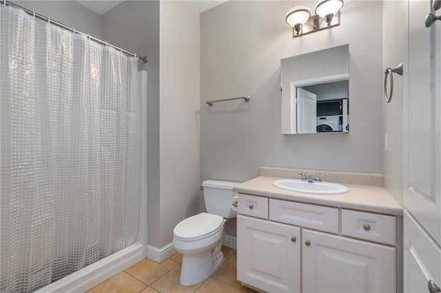 bathroom featuring tile patterned floors, walk in shower, vanity, and toilet