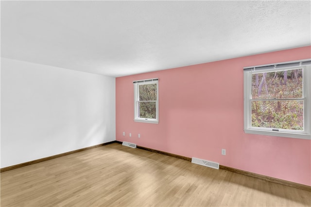 unfurnished room with light wood-type flooring, a textured ceiling, and plenty of natural light