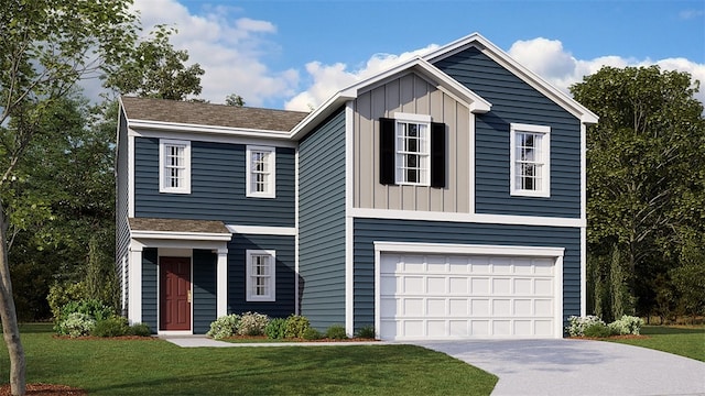 view of front of house with a garage and a front lawn