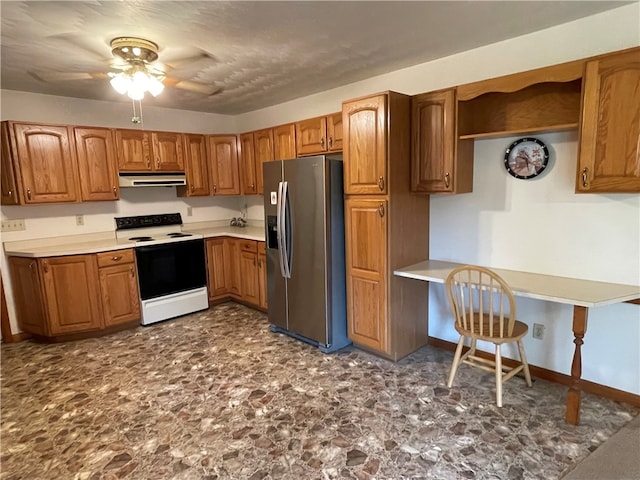 kitchen featuring built in desk, white electric range, ceiling fan, and stainless steel fridge with ice dispenser