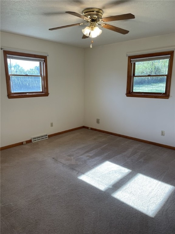 carpeted spare room featuring ceiling fan, a textured ceiling, and plenty of natural light