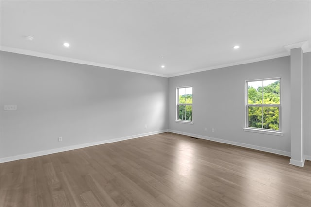 spare room featuring light wood-type flooring and ornamental molding