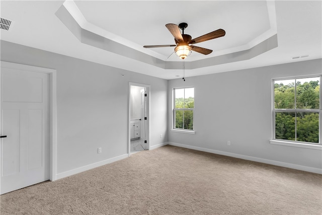 empty room with a healthy amount of sunlight, a tray ceiling, light carpet, and ceiling fan