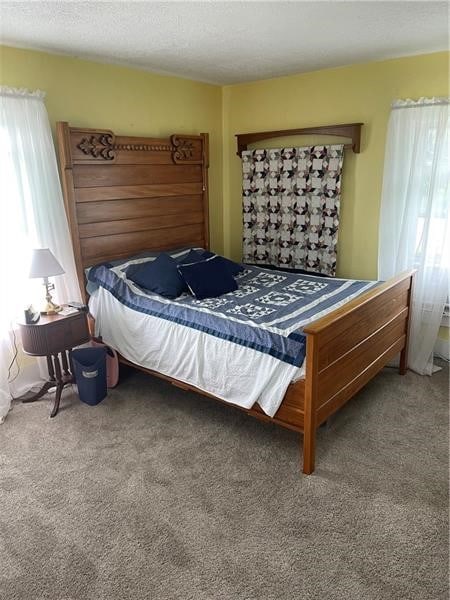 bedroom with carpet floors and a textured ceiling