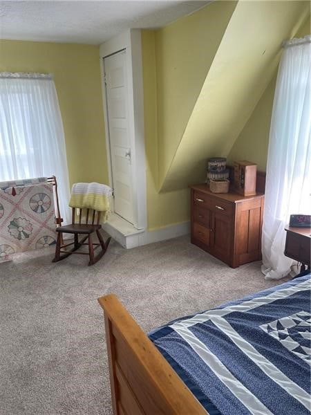 bedroom with light carpet, a closet, and lofted ceiling