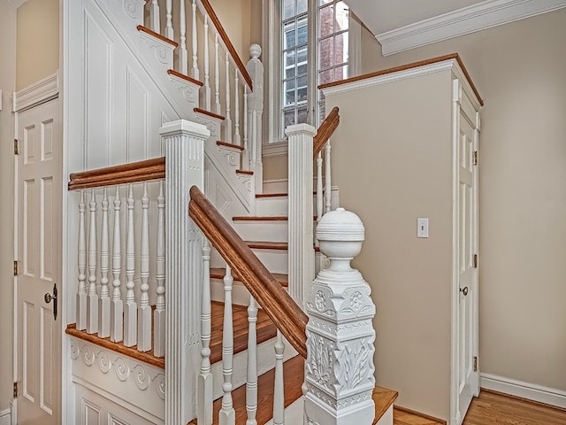 stairs with wood-type flooring and ornamental molding