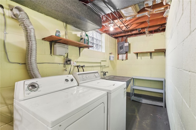 laundry room with washer and clothes dryer, sink, and electric panel