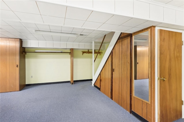 basement featuring wood walls and carpet floors