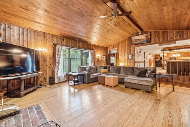 living room featuring wood walls, light wood-type flooring, wooden ceiling, ceiling fan, and vaulted ceiling with beams