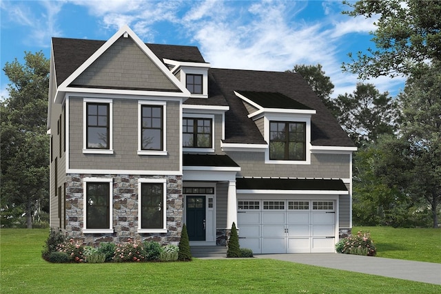 craftsman house featuring a front lawn and a garage