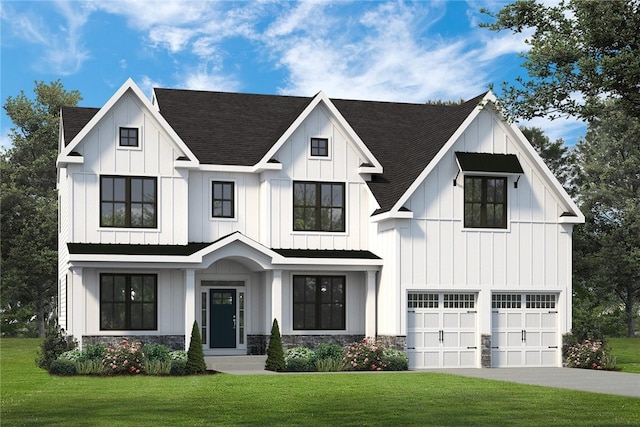 modern farmhouse featuring a front lawn and a garage